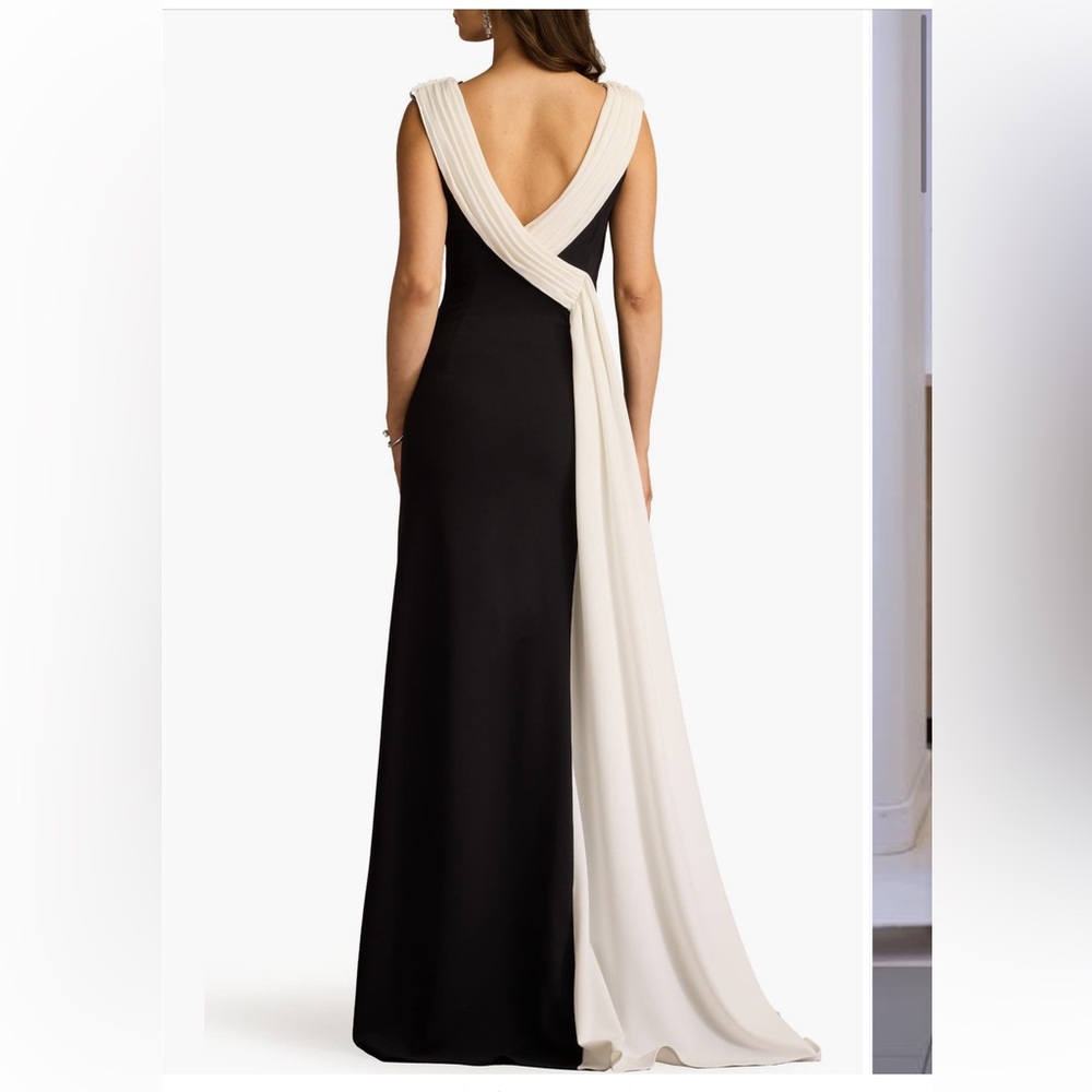 Tadashi Shoji Plaza Drape Back Gown Black White Formal Dress BOS25231L